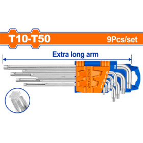 Комплект Г-образни ключове WADFOW, Ex-long, TORX, T10-T50, 9 броя