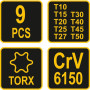 Комплект Т-образни отвертки VOREL, TORX, Tx10 - Tx50, 9 части