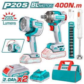 Комплект акумулаторни гайковерт и лампа TOTAL INDUSTRIAL, 20 V, 2 x 2 Ah + пасатор