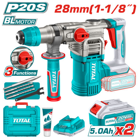 Акумулаторен безчетков перфоратор TOTAL INDUSTRIAL, SDS+, 4.5 J, 20 V, 2 x 5 Ah