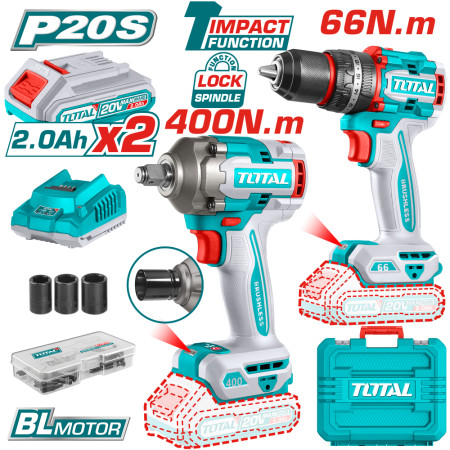 Комплект акумулаторни ударни винтоверт и гайковерт TOTAL, 20 V, 2 x 2 Ah