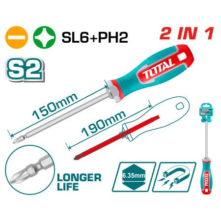Отвертка 2в1 TOTAL, PH 2 + SL 6 x 150 мм