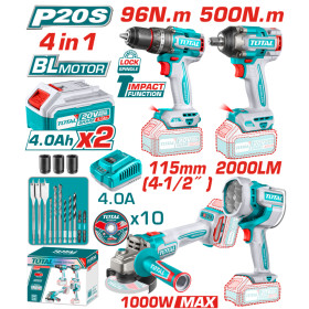 Комплект акумулаторни инструменти TOTAL INDUSTRIAL, 4в1, 20 V, 2 x 4 Ah