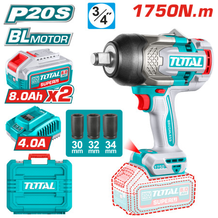 Акумулаторен ударен безчетков гайковерт TOTAL INDUSTRIAL, 3/4", 20 V, 2 x 8.0 Ah
