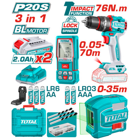 Комплект акумулаторен винтоверт, лазерни ролетка и нивелир TOTAL, 20 V, 2 x 2 Ah
