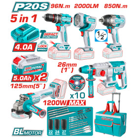 Комплект акумулаторни инструменти TOTAL TCKLI20596, 5в1, 20 V, 2 x 5 Ah