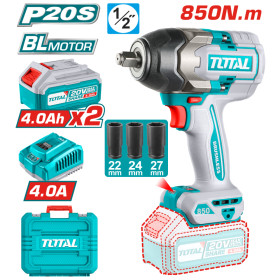 Акумулаторен ударен безчетков гайковерт TOTAL INDUSTRIAL, 20 V, 2 x 4 Ah