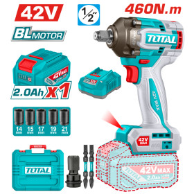 Акумулаторен ударен безчетков гайковерт TOTAL INDUSTRIAL, 1/2", 42 V, 1 х 2 Ah