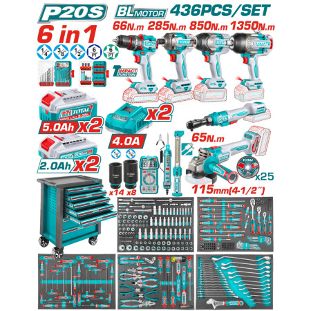 Количка с акумулаторни и ръчни инструменти TOTAL INDUSTRIAL, 436 части