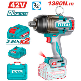 Акумулаторен ударен безчетков гайковерт TOTAL INDUSTRIAL, 3/4", 42 V, 1360 Nm, 2 x 2.5 Ah
