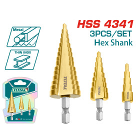 Комплект степенчати свредла TOTAL INDUSTRIAL, HEX, HSS, 3 части
