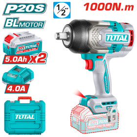 Акумулаторен ударен безчетков гайковерт TOTAL INDUSTRIAL, 1/2", 20 V, 1000 Nm, 2 x 5.0 Ah