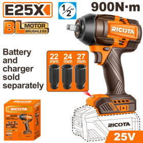Акумулаторен ударен безчетков гайковерт RICOTA, 1/2", 25 V, 900 Nm, без батерия