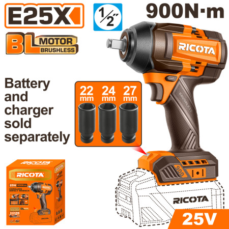 Акумулаторен ударен безчетков гайковерт RICOTA, 1/2", 25 V, 900 Nm, без батерия