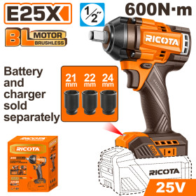 Акумулаторен ударен безчетков гайковерт RICOTA, 1/2", 25 V, 600 Nm, без батерия
