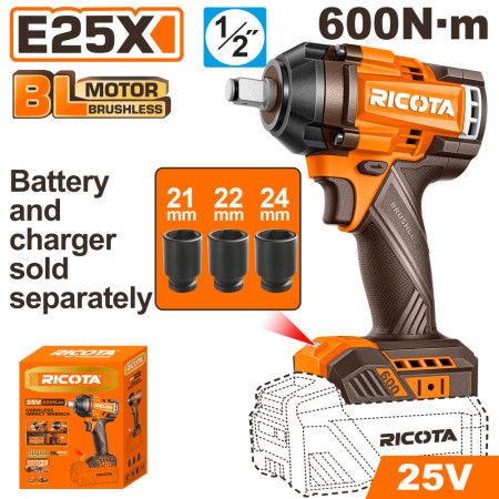 Акумулаторен ударен безчетков гайковерт RICOTA, 1/2", 25 V, 600 Nm, без батерия