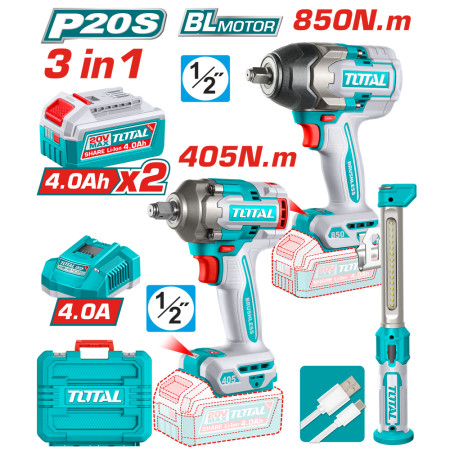 Комплект акумулаторни гайковерти и лампа TOTAL, 20 V, 2 x 4.0 Ah