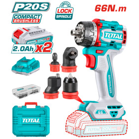 Акумулаторен винтоверт със сменяеми глави TOTAL INDUSTRIAL, 20 V, 66 Nm, 2 x 2 Ah
