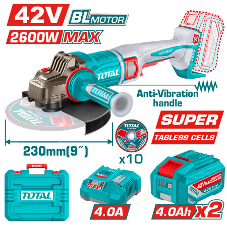 Акумулаторен безчетков ъглошлайф TOTAL INDUSTRIAL, 42 V, Ф 230 мм, 2 x 4 Ah