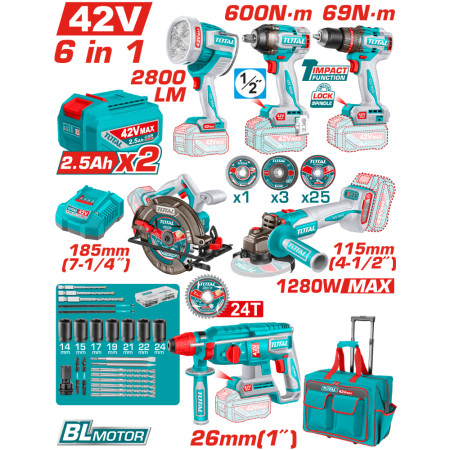 Комлект акумулаторни инструменти TOTAL TOSLI260496E, 42 V, 2 x 2.5 Ah