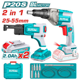 Акумулаторен винтоверт за гипсокартон с пълнител TOTAL INDUSTRIAL, 20 V, 2 x 2 Ah