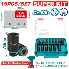 Комплект удължени шестостенни ударни вложки TOTAL, CrMo, 1/2", 15 части