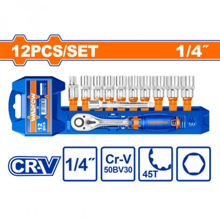 Комплект тресчотка и вложки WADFOW, 45T, 1/4", SW 5 - 14 мм, 12 части