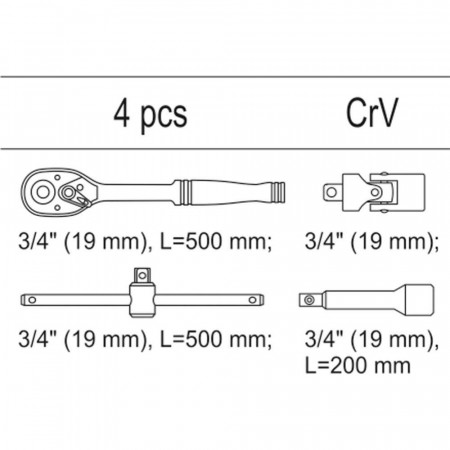 Комплект тресчотка и аксесоари YATO, 3/4", 4 части