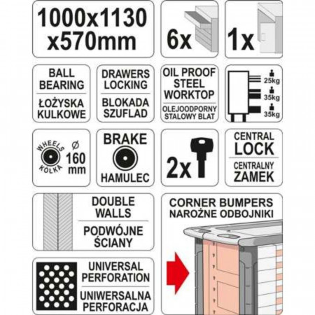 Работна маса YATO, мобилна, 6 чекмеджета, 600 кг, празна