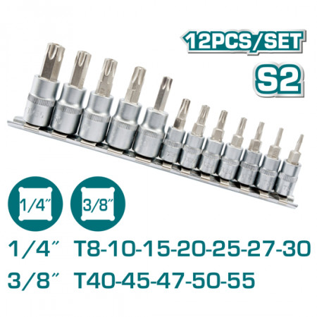 Комплект бит вложки TOTAL INDUSTRIAL, 1/4" + 3/8", TORX, 12 части