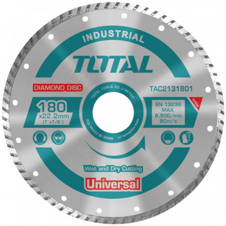 Диамантен диск TOTAL Industrial TURBO, сухо/мокро, Ø 180 x 22 x 10 mm