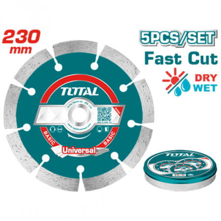 Диамантен диск за сухо и мокро рязане TOTAL, универсален, Ø 230 x 22.23 x 7.5 мм, метална кутия 5 броя