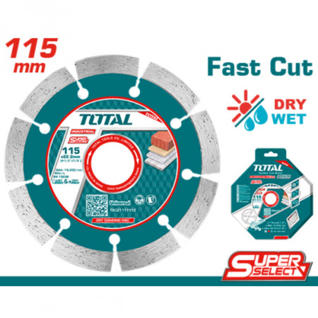 Диамантен диск за сухо и мокро рязане TOTAL Industrial, универсален, Ø 115 x 22.23 x 10 мм