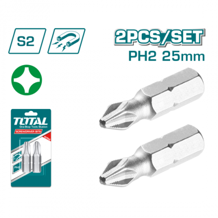 Бит накрайник TOTAL Industrial, PH2 x 25 mm, 2 броя