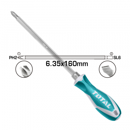 Отвертка 2в1, TOTAL, PH 2 + SL 6 x 160 мм