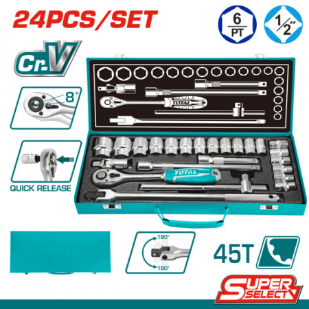 Комплект тресчотка и вложки, метална кутия, TOTAL INDUSTRIAL, 1/2", 24 части