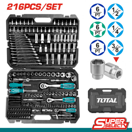 Комплект инструменти TOTAL INDUSTRIAL, 1/4"+ 3/8"+ 1/2", 216 части