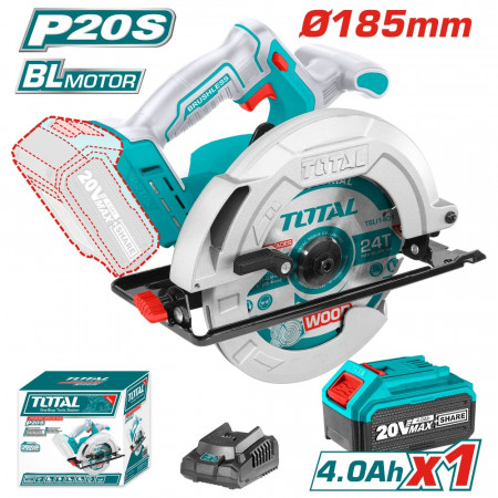 Акумулаторен безчетков ръчен циркуляр TOTAL Industrial, 20 V / 4 Ah, Ø 185 mm