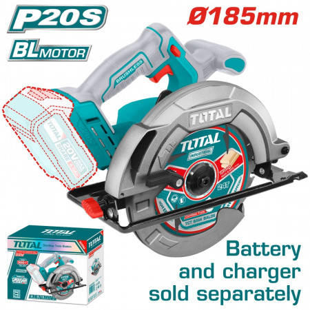 Акумулаторен ръчен циркуляр TOTAL Industrial, BL, 20 V, 185 мм, без батерия