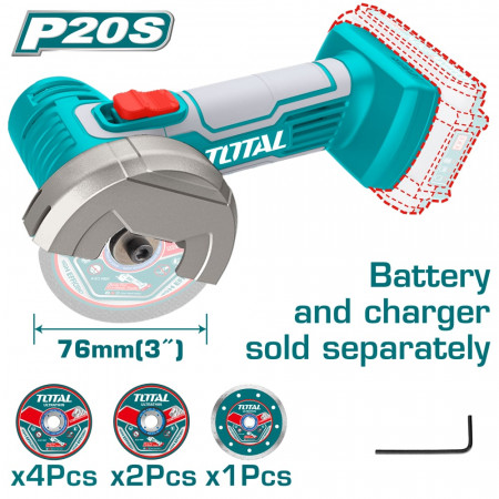 Акумулаторен ъглошлайф TOTAL INDUSTRIAL, 20 V, Ф 76 мм, без батерия