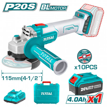 Акумулаторен безчетков ъглошлайф TOTAL Industrial, Ø115 mm, 20 V / 4 Ah