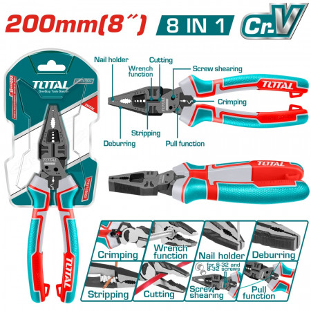 Мултифункционални комбининрани клещи 8 в 1, TOTAL INDUSTRIAL, 200 мм