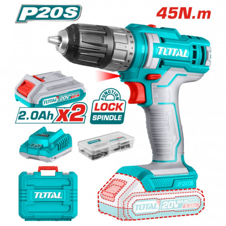 Акумулаторен винтоверт TOTAL Industrial, 20 V, 2 x 2.0 Ah Li-Ion, 45 Nm, + аксесоари