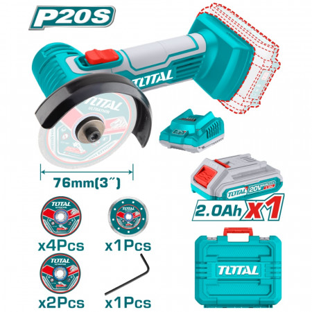 Акумулаторен ъглошлайф TOTAL INDUSTRIAL, 20 V, Ф 76 мм, 1 x 2 Ah