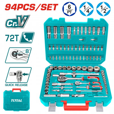 Комплект инструменти TOTAL INDUSTRIAL, 1/4" + 1/2", 94 части