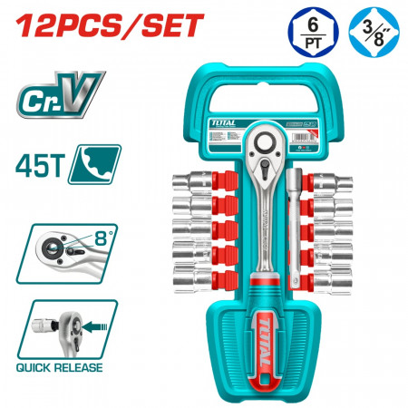 Комплeкт тресчотка и вложки TOTAL INDUSTRIAL, 3/8", 12 части