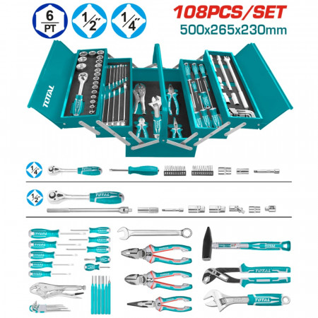 Метален куфар с инструменти TOTAL INDUSTRIAL, 108 части