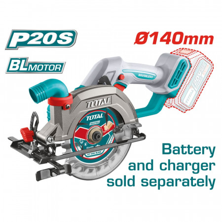 Акумулаторен безчетков ръчен циркуляр TOTAL INDUSTRIAL, 20 V, 140 мм, без батерия