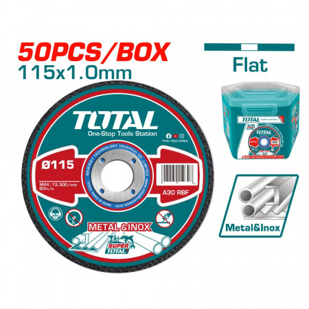 Диск за рязане на INOX, TOTAL, Ф 115 х 1.0 х 22.2 мм, 50 броя