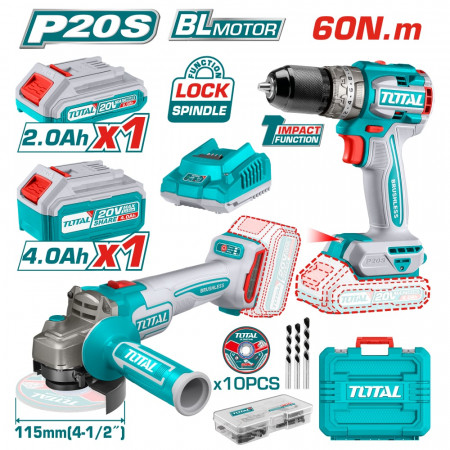 Комплект акумулаторни ъглошлайф и ударен винтоверт TOTAL INDUSTRIAL, 20 V, 2 Ah + 4 Ah